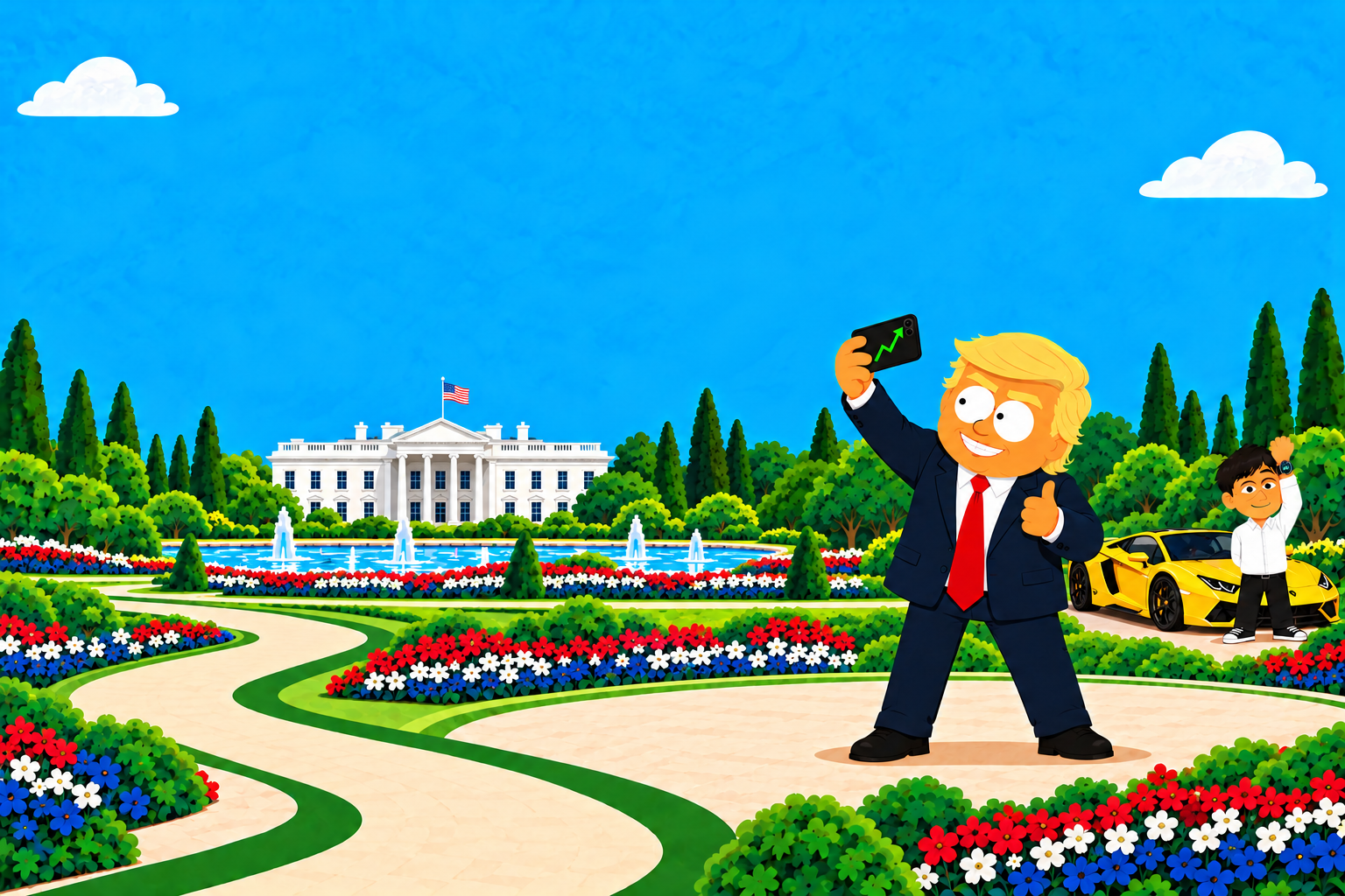 Cartoon Donald Trump taking a selfie, with Kimchi and a yellow Lamborghini in the White House gardens.