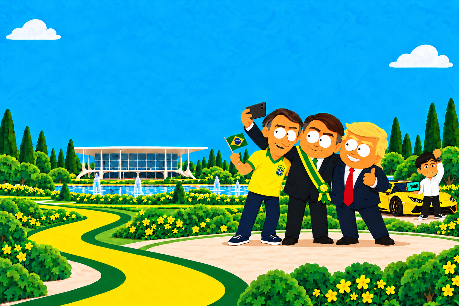 Flávio, Jair and Trump taking a selfie, with Kimchi and a yellow Lamborghini in a Brazilian cartoon garden.